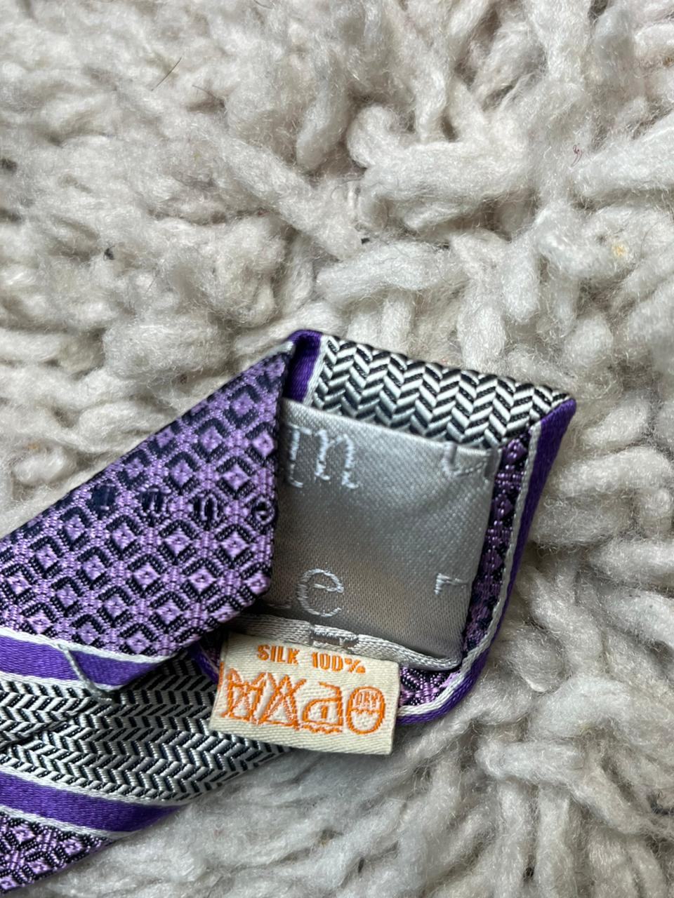 Leeum Silk Tie Purple Silver White Herringbone Geometric Diagonal Stripe Mens