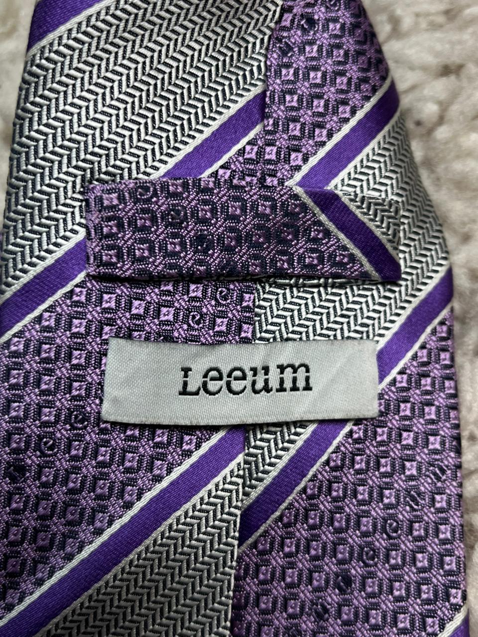Leeum Silk Tie Purple Silver White Herringbone Geometric Diagonal Stripe Mens
