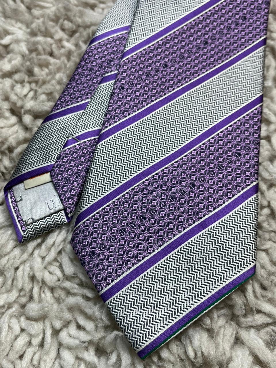 Leeum Silk Tie Purple Silver White Herringbone Geometric Diagonal Stripe Mens