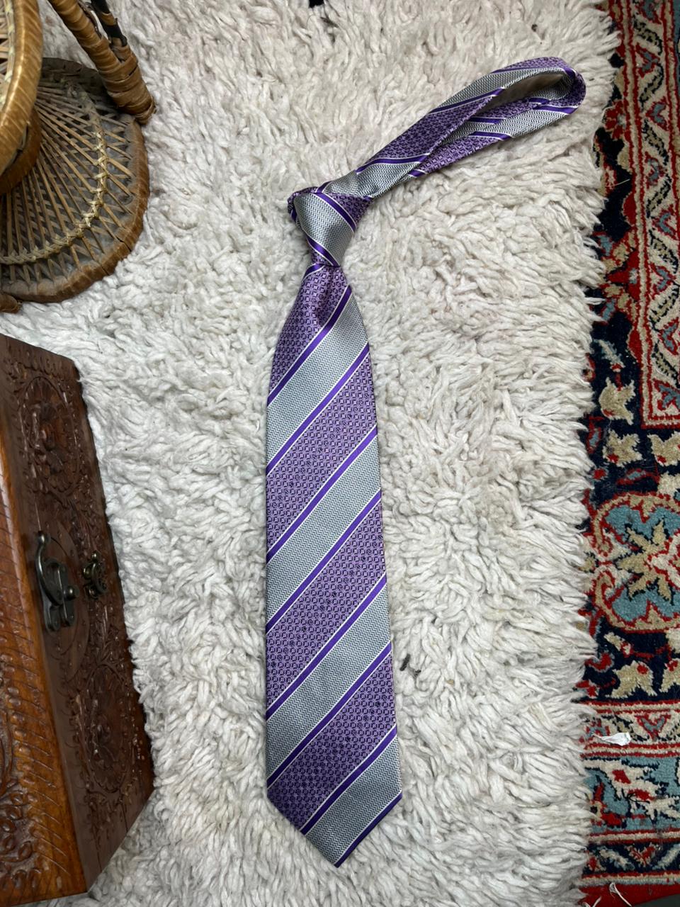 Leeum Silk Tie Purple Silver White Herringbone Geometric Diagonal Stripe Mens