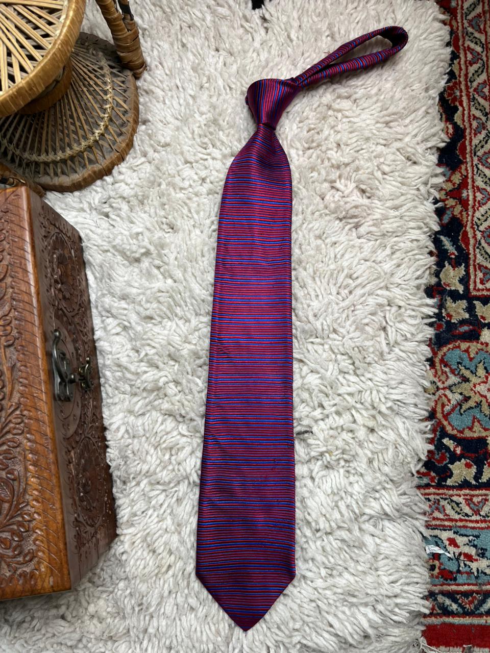MOSS Tie Mens Red Blue Striped 100% Pure Silk Classic Textured Neckti