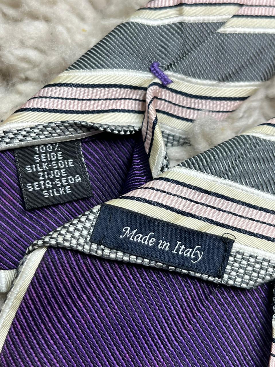 MICHAELIS Tie Made In Italy 100% Silk Grey Pink Striped Textured Mens Necktie