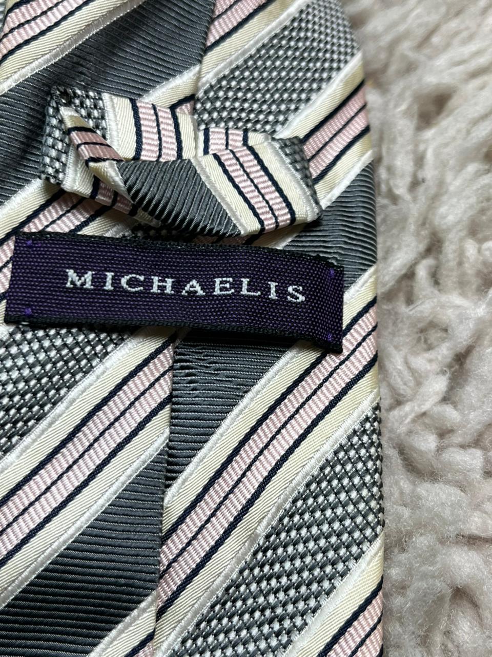 MICHAELIS Tie Made In Italy 100% Silk Grey Pink Striped Textured Mens Necktie