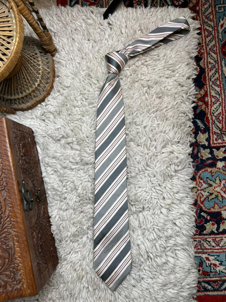 MICHAELIS Tie Made In Italy 100% Silk Grey Pink Striped Textured Mens Necktie