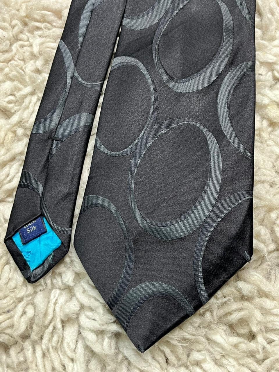 G-Z Black Silk Tie Mens Tonal Large Geometric Circle Pattern Interlocking Design
