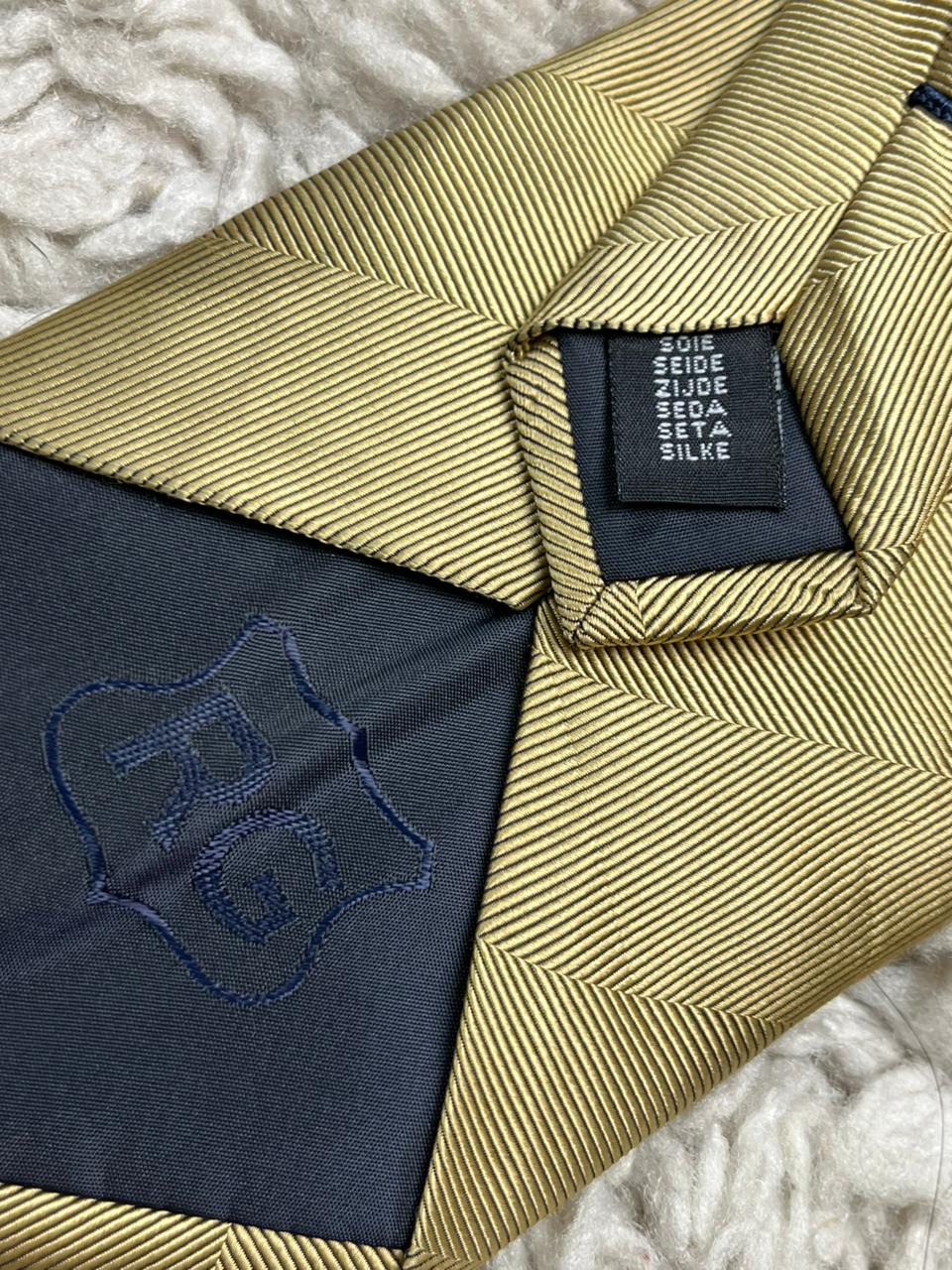 RACING GREEN Tie Mens Antique Gold Champagne 100% Silk Striped Hand Finished