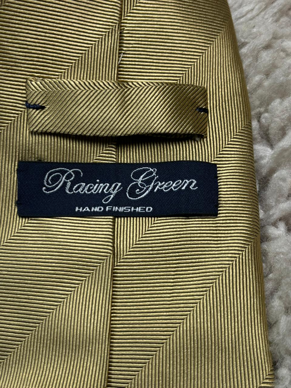 RACING GREEN Tie Mens Antique Gold Champagne 100% Silk Striped Hand Finished