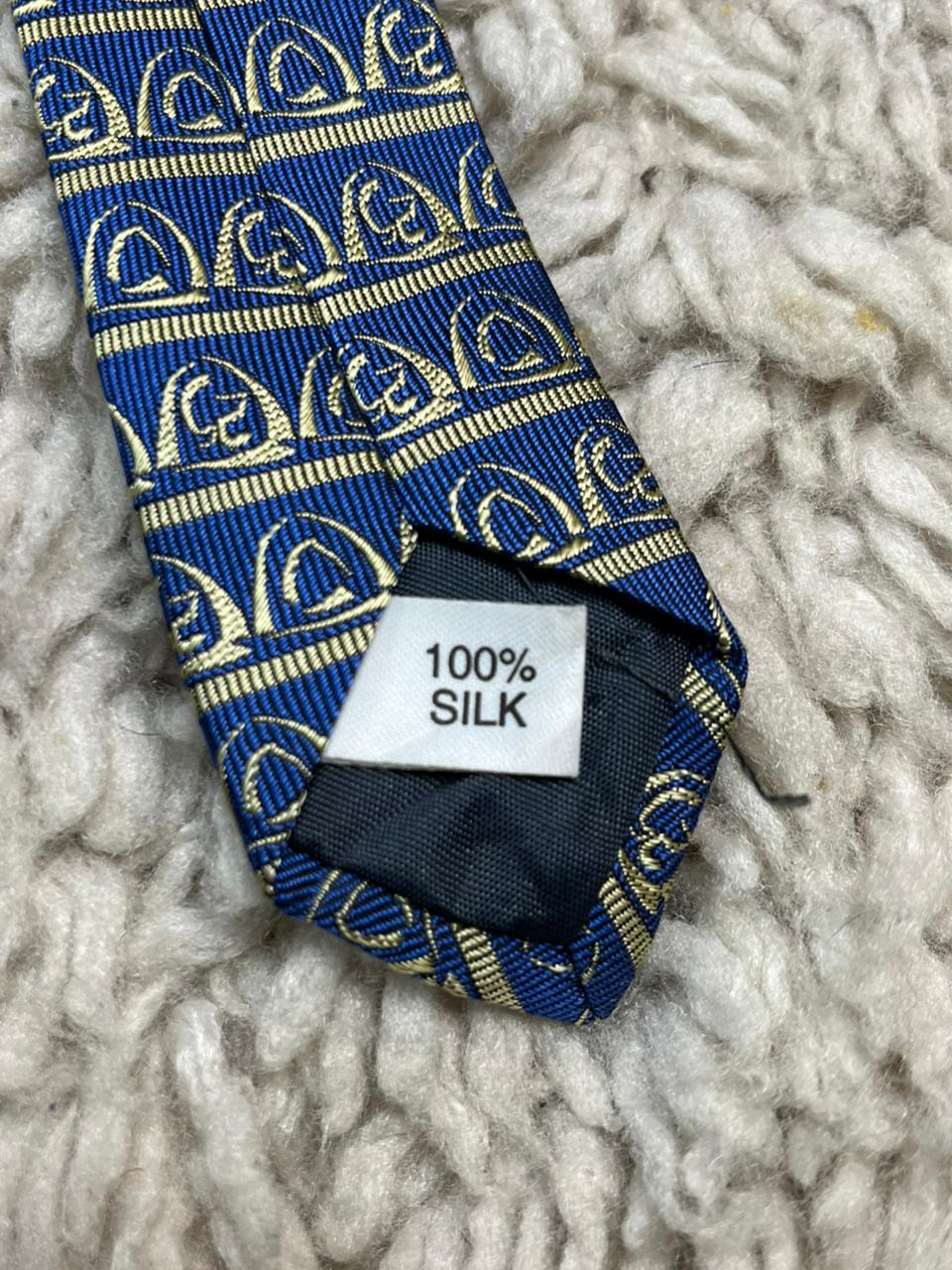Men's Blue & Gold Silk Tie Geometric Crest Pattern Necktie 100% Silk
