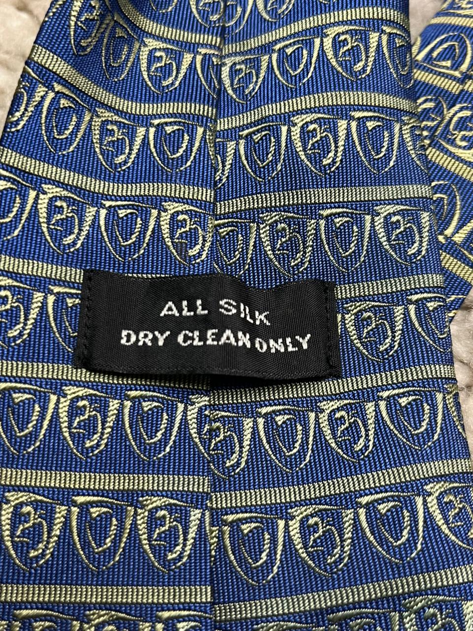 Men's Blue & Gold Silk Tie Geometric Crest Pattern Necktie 100% Silk