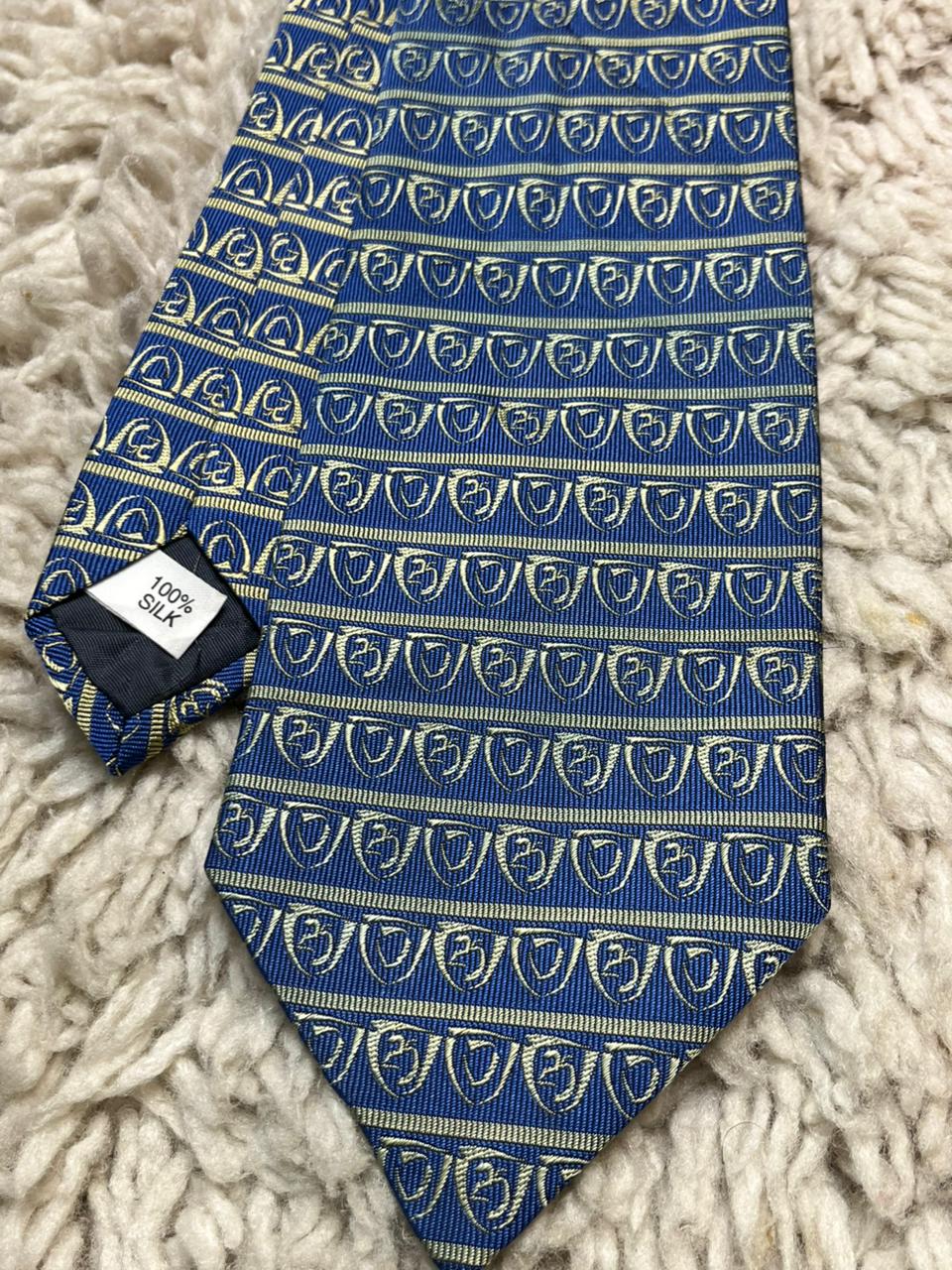 Men's Blue & Gold Silk Tie Geometric Crest Pattern Necktie 100% Silk