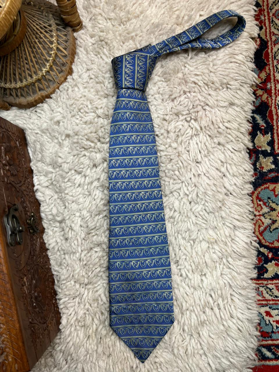 Men's Blue & Gold Silk Tie Geometric Crest Pattern Necktie 100% Silk