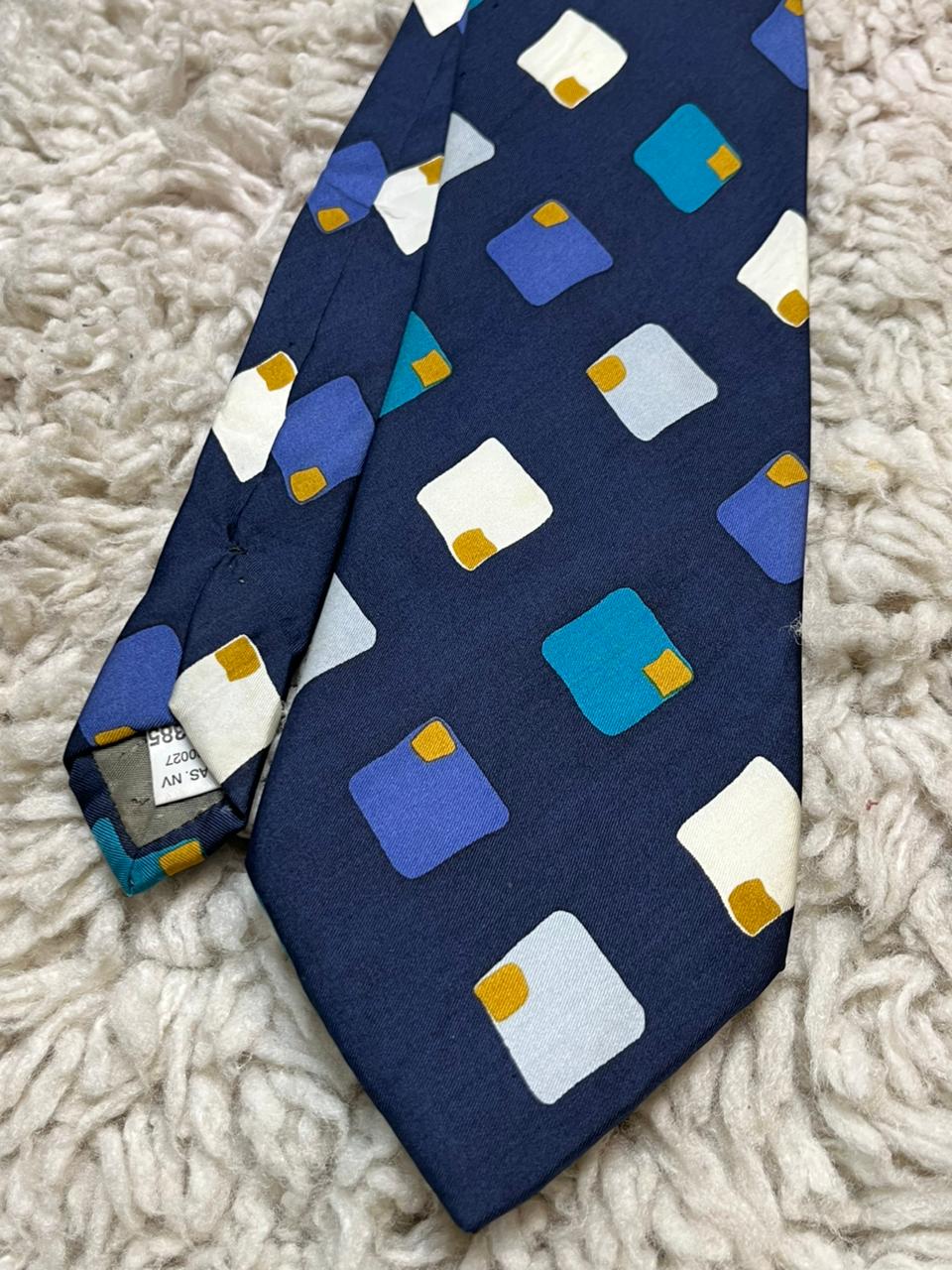 Vintage BHS 100% Silk Tie Italian Made Navy Blue Abstract Geometric Tie