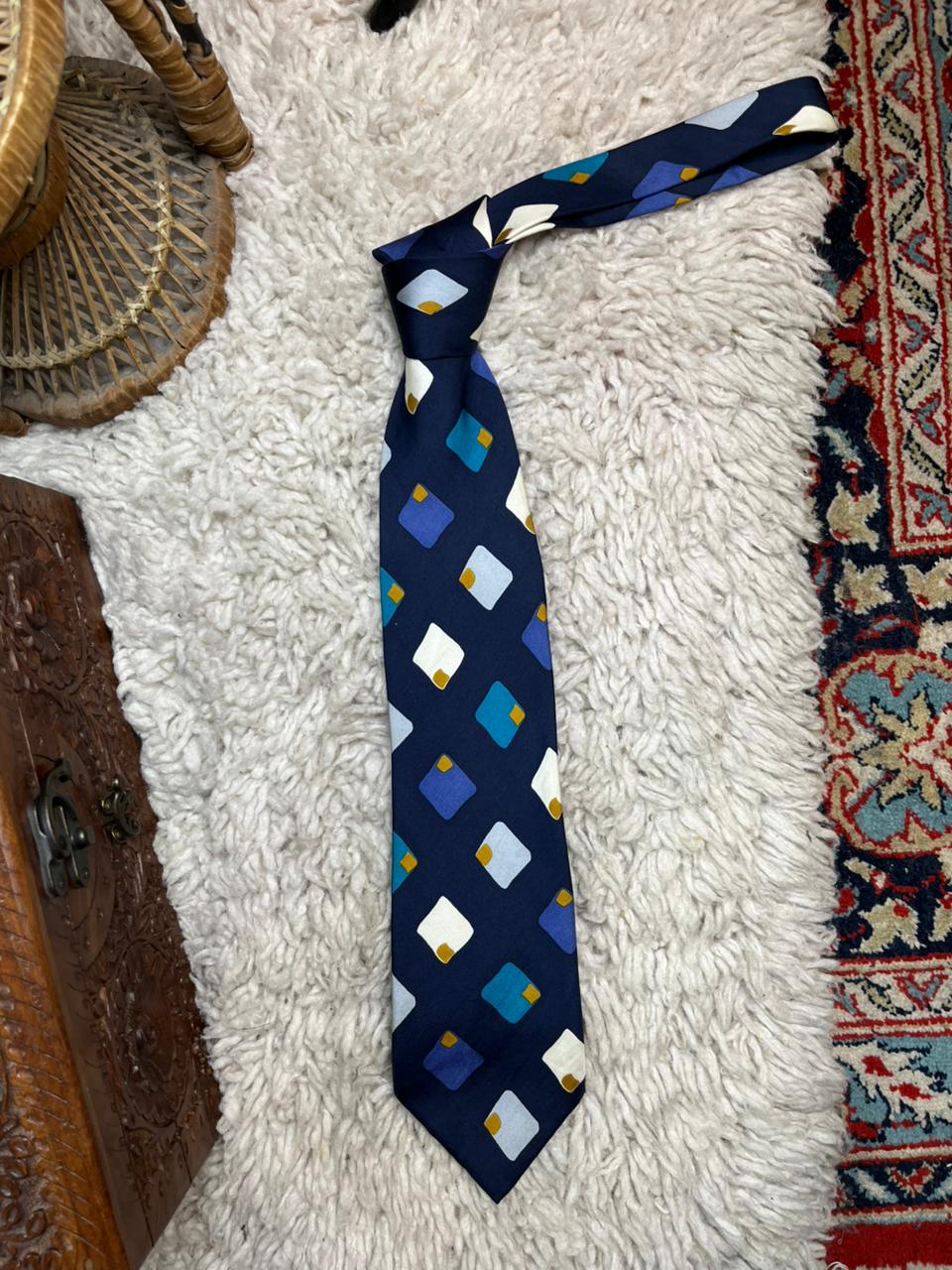 Vintage BHS 100% Silk Tie Italian Made Navy Blue Abstract Geometric Tie