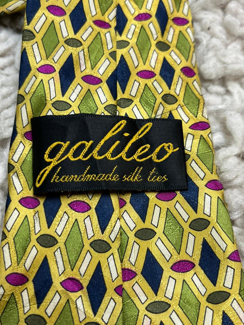 Galileo Handmade Silk Tie Yellow Green Pink Geometric Diamond Pattern