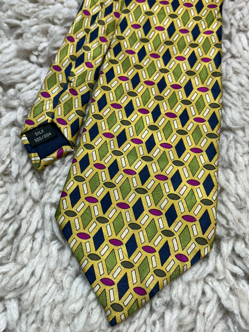 Galileo Handmade Silk Tie Yellow Green Pink Geometric Diamond Pattern
