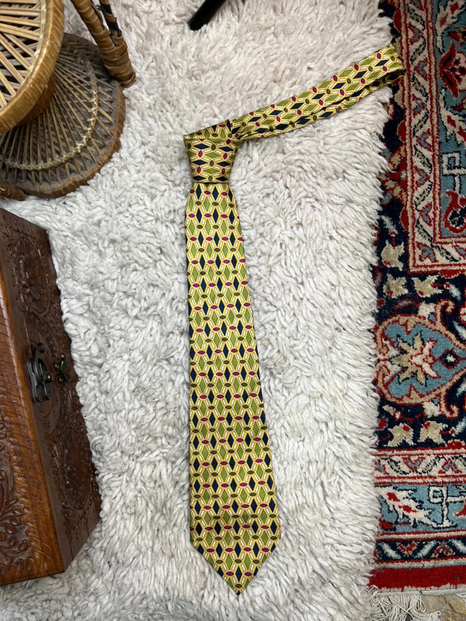 Galileo Handmade Silk Tie Yellow Green Pink Geometric Diamond Pattern