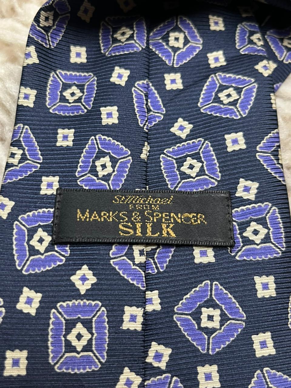 St Michael Marks & Spencer Tie Vintage 100% Silk Geometric Medallion Navy