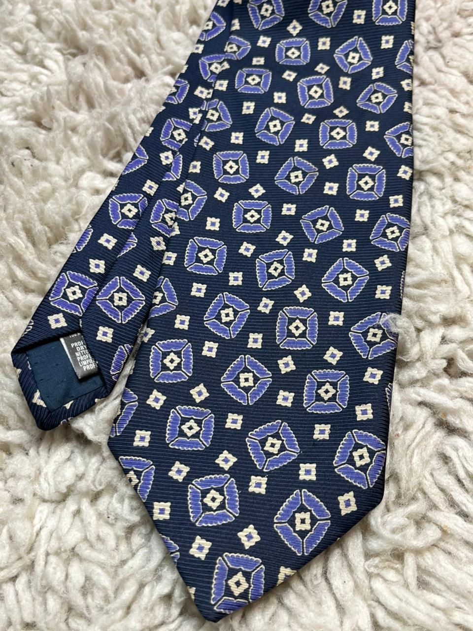 St Michael Marks & Spencer Tie Vintage 100% Silk Geometric Medallion Navy