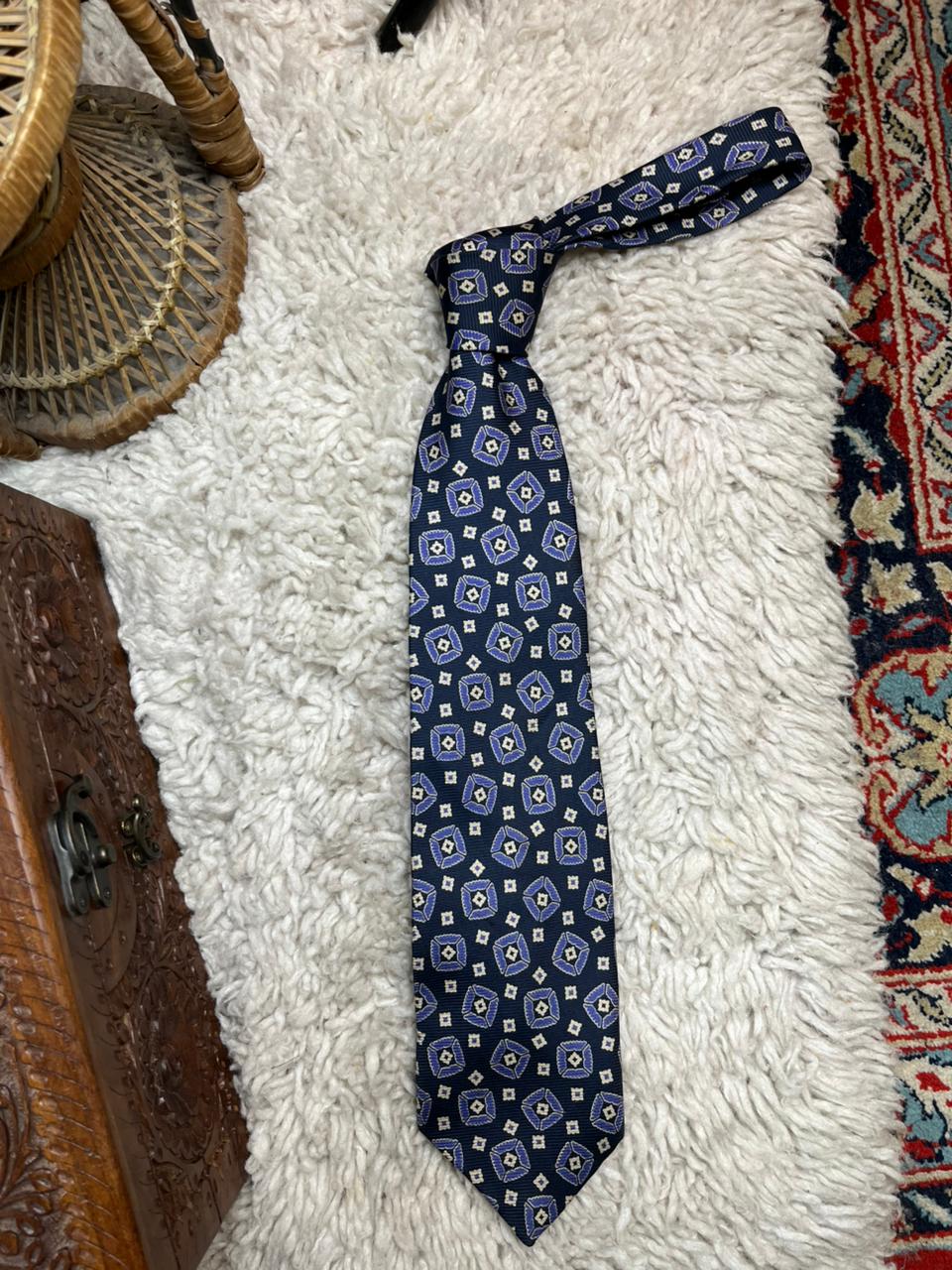 St Michael Marks & Spencer Tie Vintage 100% Silk Geometric Medallion Navy
