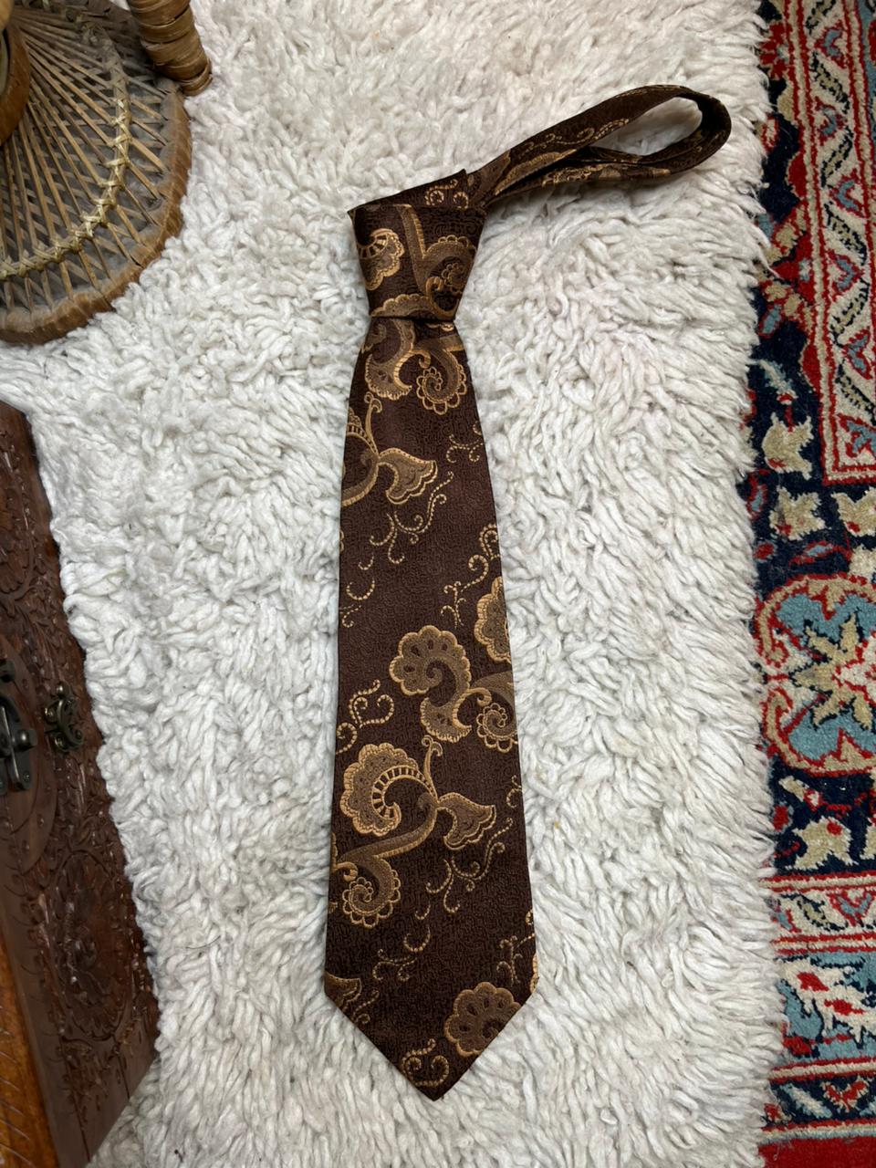 Michael Mens Vintage Tie Brown Gold Paisley Floral Polyester
