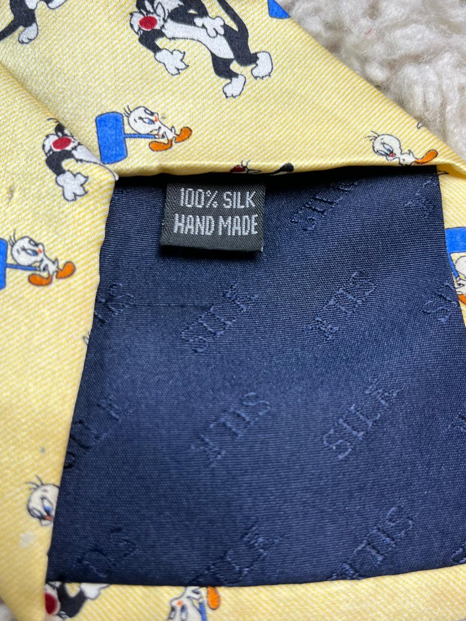 Vintage Looney Tunes Sylvester & Tweety Bird Tie 100% Silk Italy Yellow Novelty