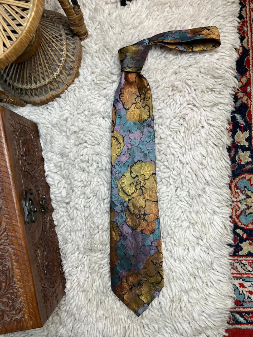 Alpi Silk Tie Floral Brocade Jacquard Gold Purple Teal Abstract Hand Made Seide