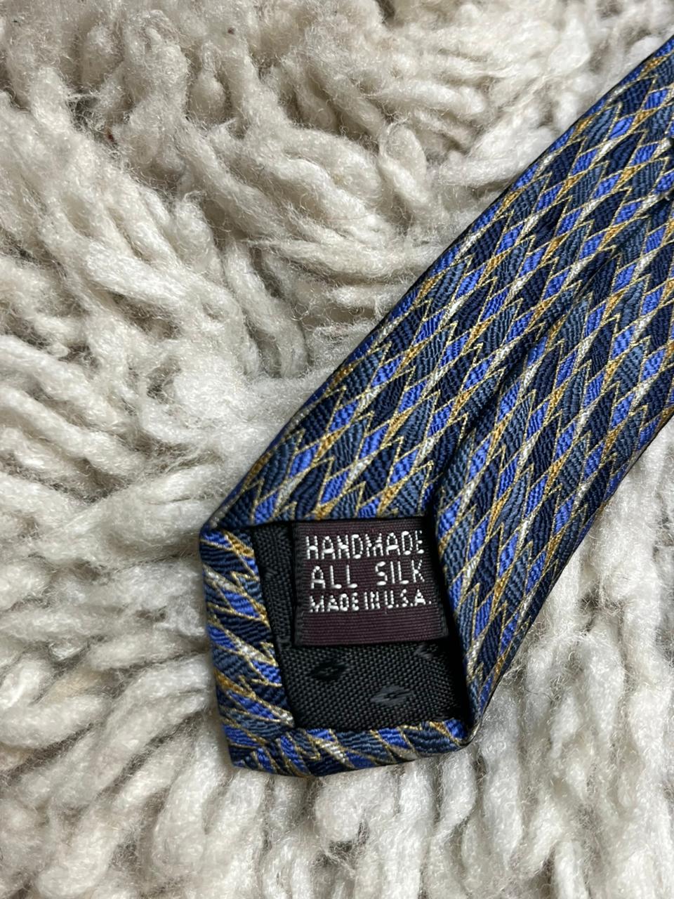Enzo Felini Men's Silk Tie Blue Gold Abstract Harlequin Print Hand Made