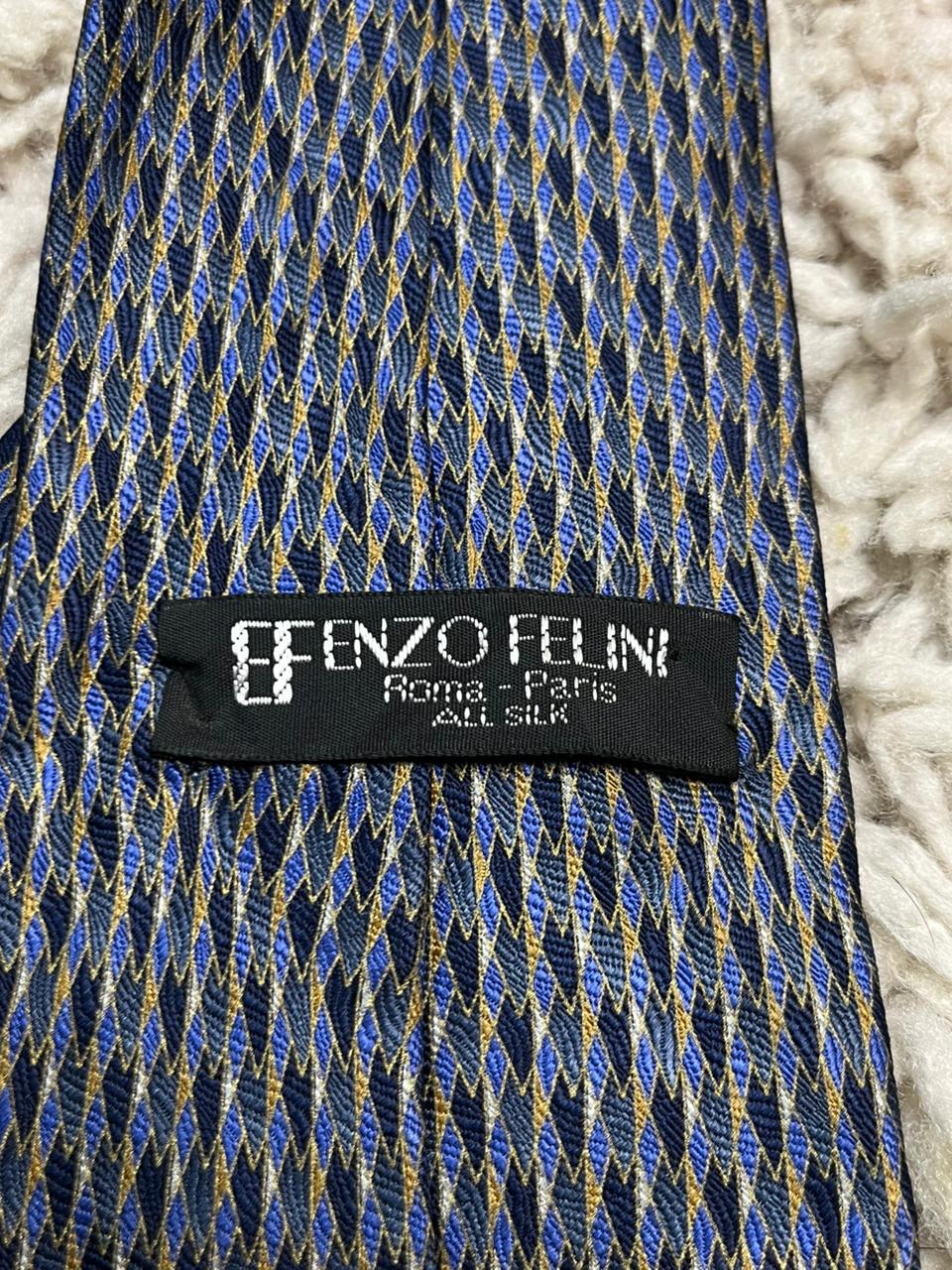 Enzo Felini Men's Silk Tie Blue Gold Abstract Harlequin Print Hand Made