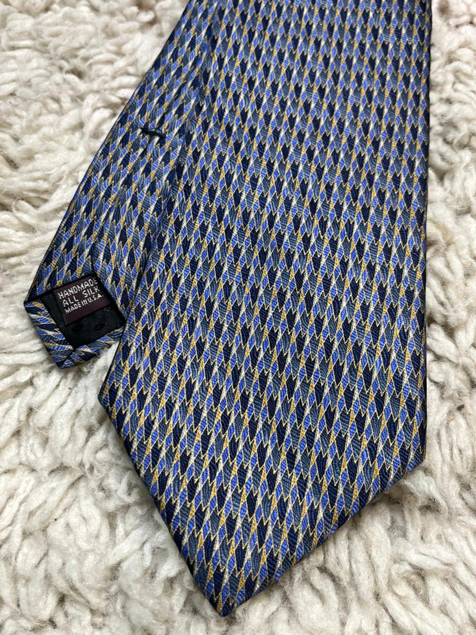 Enzo Felini Men's Silk Tie Blue Gold Abstract Harlequin Print Hand Made