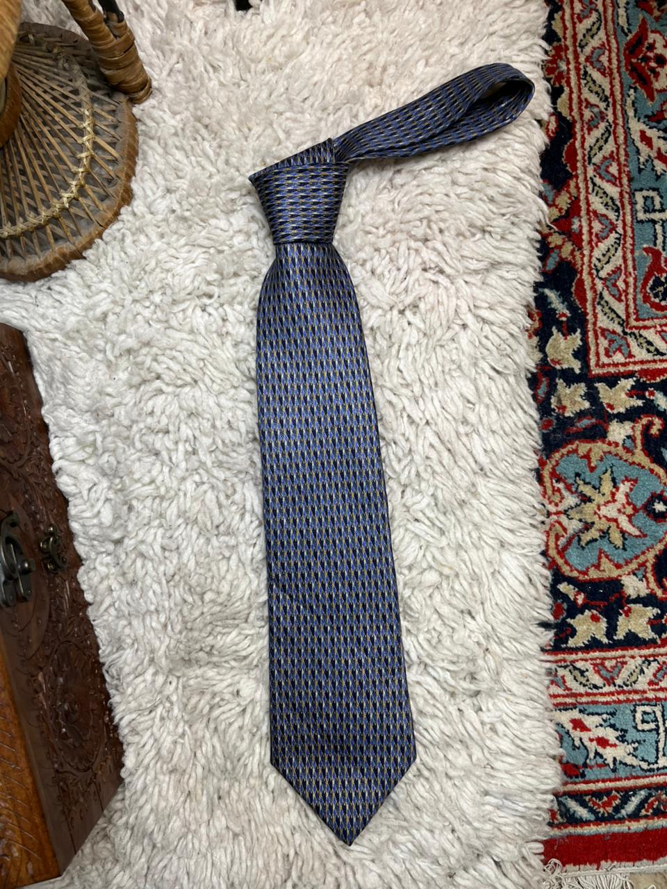 Enzo Felini Men's Silk Tie Blue Gold Abstract Harlequin Print Hand Made