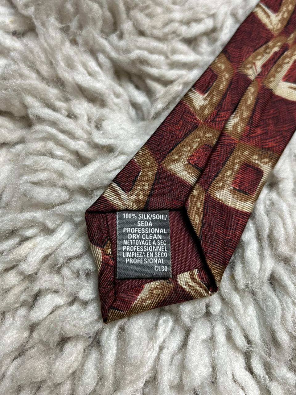 St Michael Marks & Spencer Silk Tie Burgundy Red Gold Geometric Vintage Men's