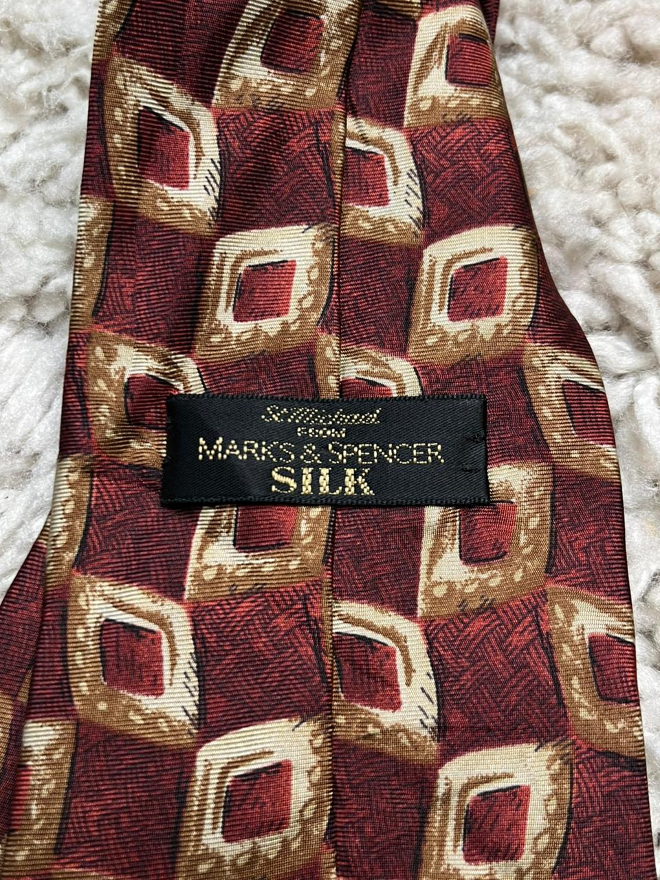 St Michael Marks & Spencer Silk Tie Burgundy Red Gold Geometric Vintage Men's