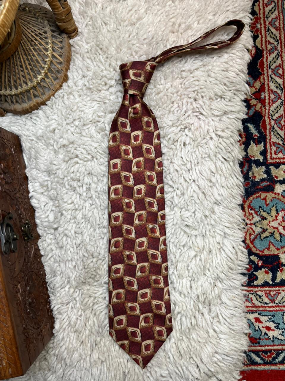 St Michael Marks & Spencer Silk Tie Burgundy Red Gold Geometric Vintage Men's