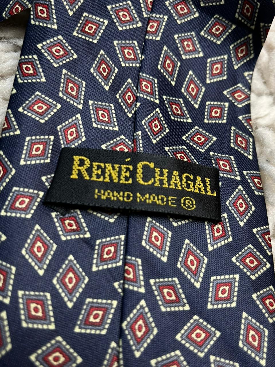 RENÉ CHAGAL Navy Silk Tie Geometric Diamond Print Hand Made