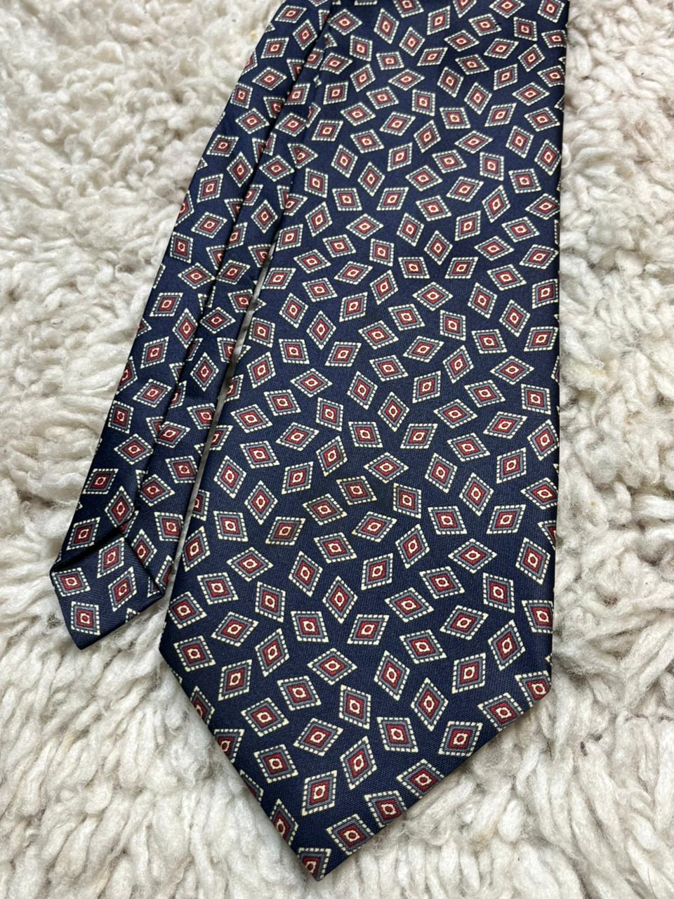 RENÉ CHAGAL Navy Silk Tie Geometric Diamond Print Hand Made
