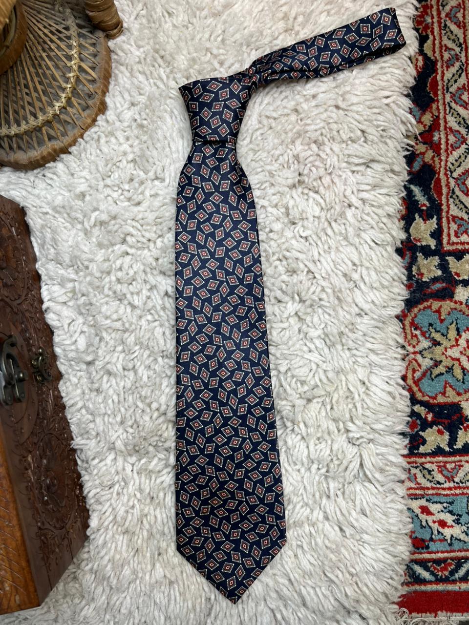 RENÉ CHAGAL Navy Silk Tie Geometric Diamond Print Hand Made