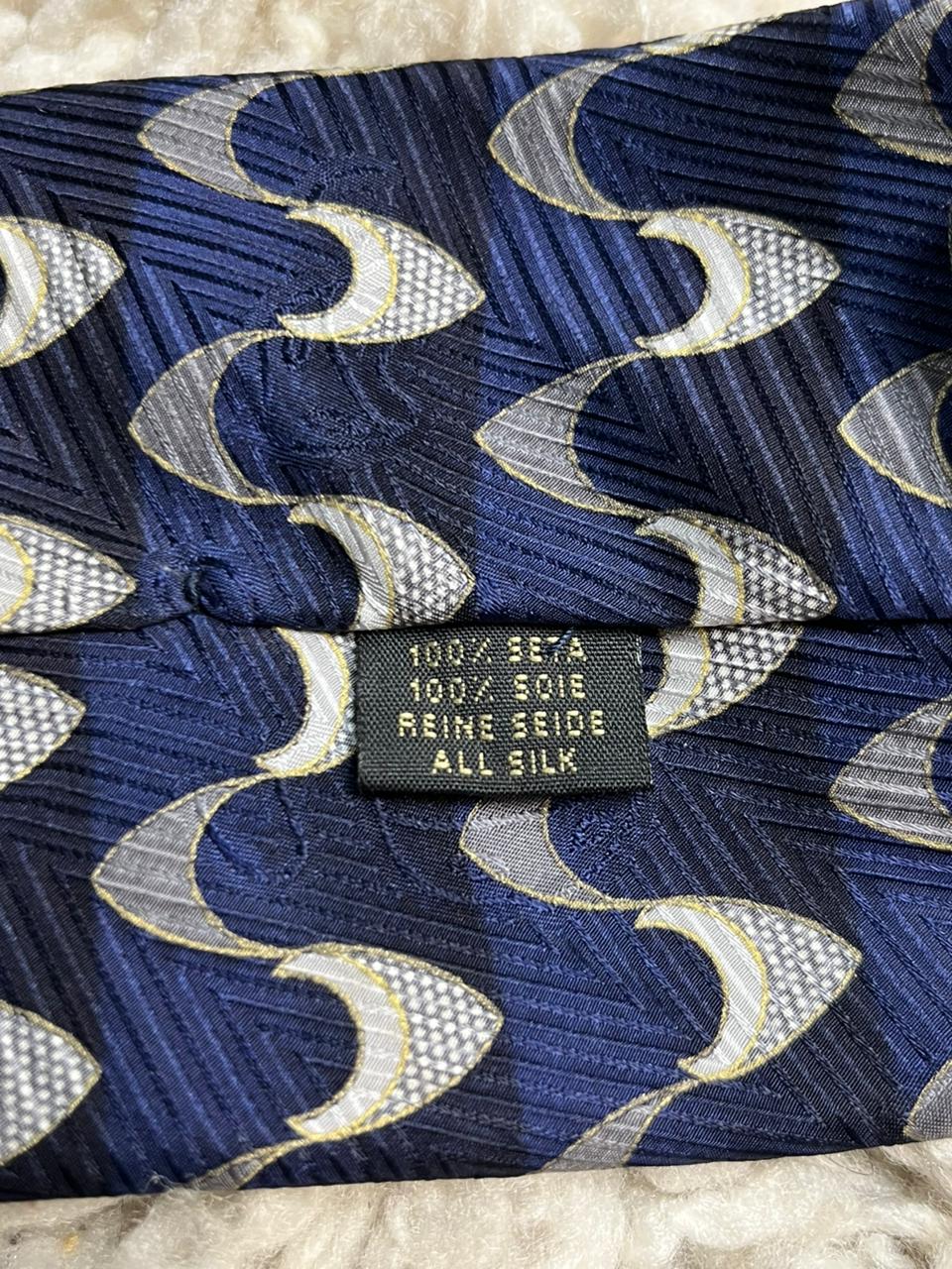 Carnaval de Venise Silk Tie Navy Blue Silver Gold Abstract Wave Pattern