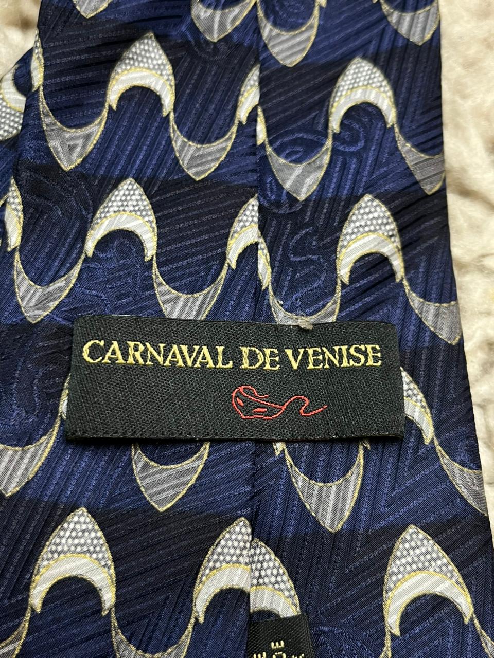 Carnaval de Venise Silk Tie Navy Blue Silver Gold Abstract Wave Pattern