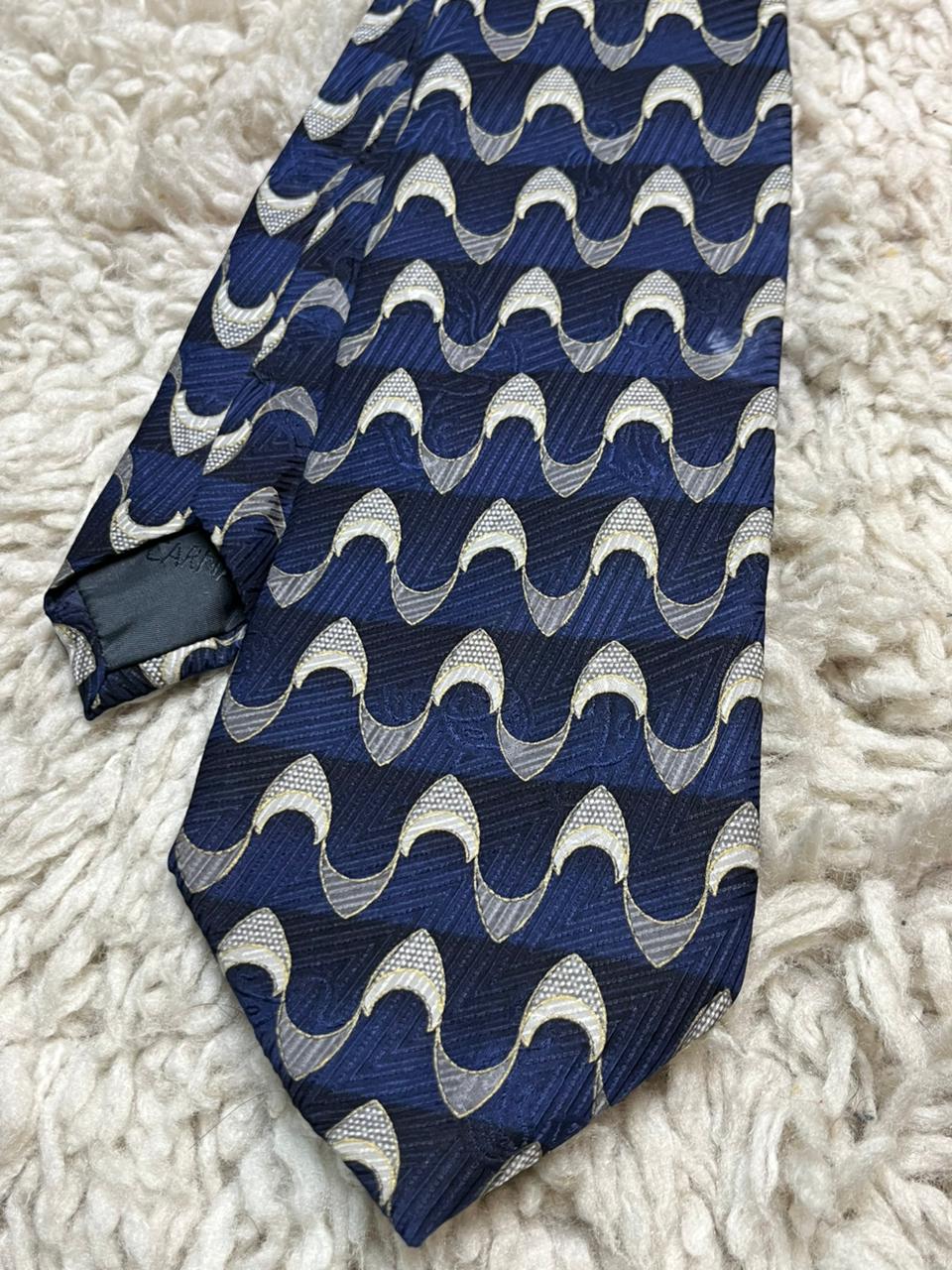 Carnaval de Venise Silk Tie Navy Blue Silver Gold Abstract Wave Pattern