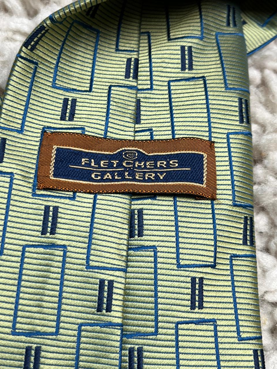 Fletchers Gallery Mens Tie Green Blue Geometric Art Deco Rectangular Polyester