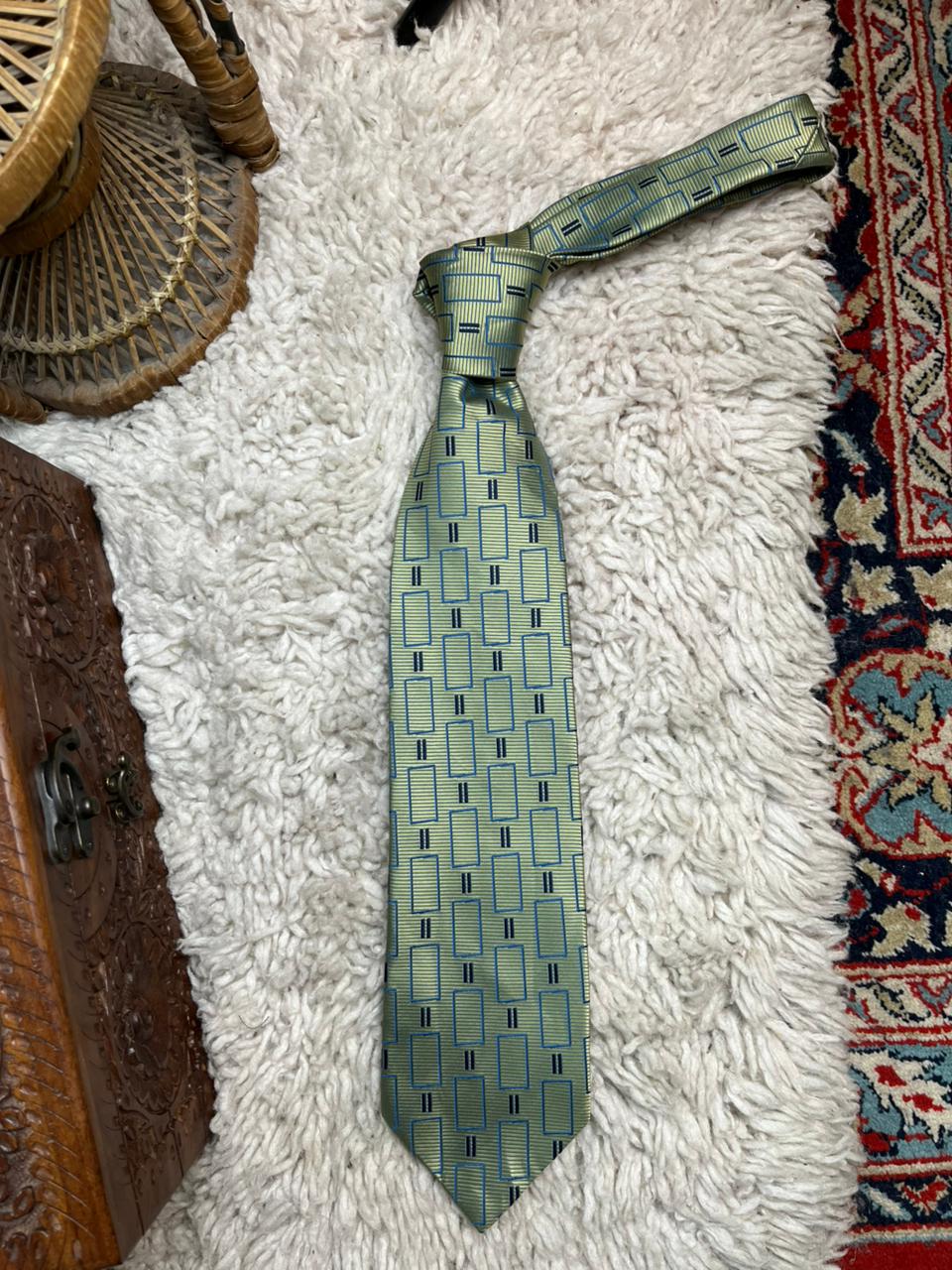 Fletchers Gallery Mens Tie Green Blue Geometric Art Deco Rectangular Polyester