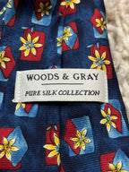 Woods & Gray Pure Silk Made in UK Navy Blue Red Floral Daisy Men's Necktie