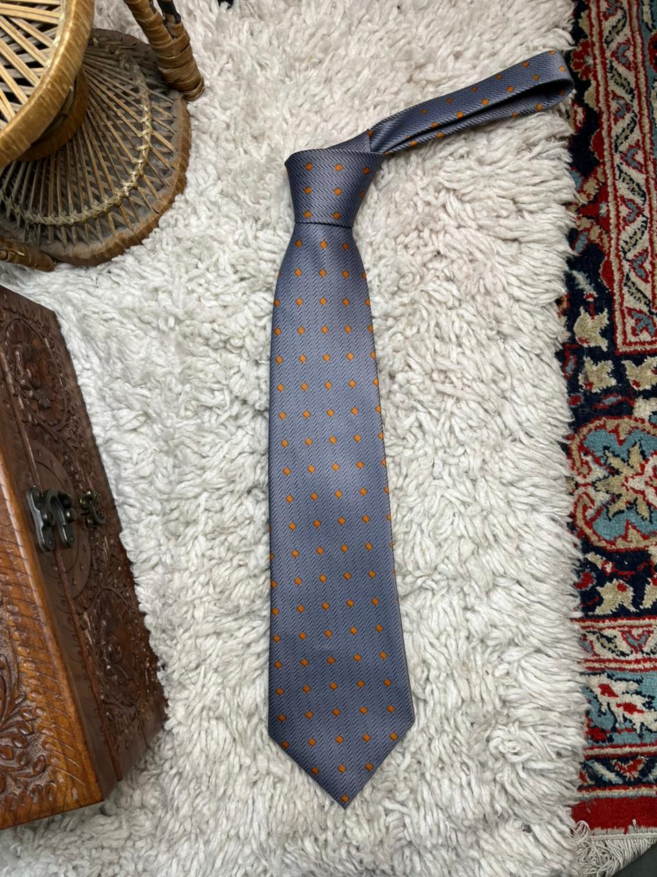 Valeria Boldi Myung Ju Silk Tie Grey Orange Micro-Dot Pattern Hand Made