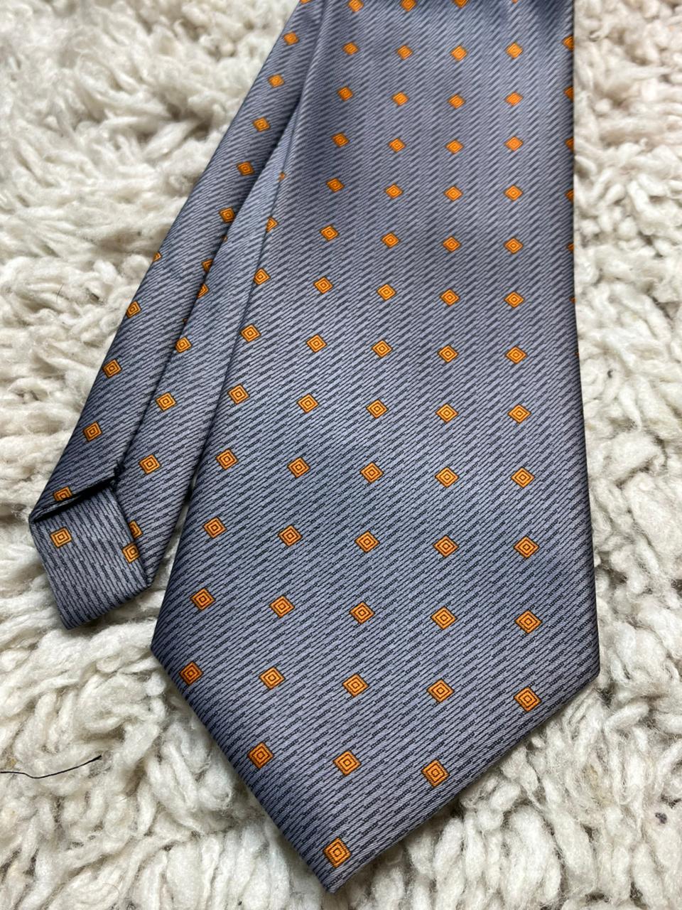 Valeria Boldi Myung Ju Silk Tie Grey Orange Micro-Dot Pattern Hand Made
