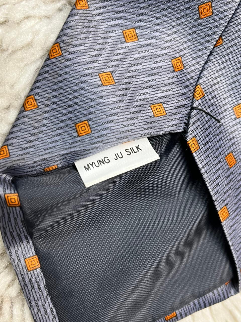 Valeria Boldi Myung Ju Silk Tie Grey Orange Micro-Dot Pattern Hand Made