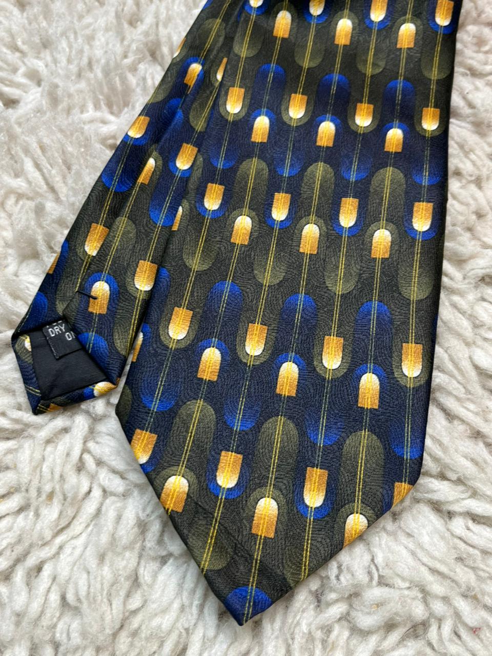 Tootal Vintage Men's Tie Blue Gold Geometric Mod Retro Pattern