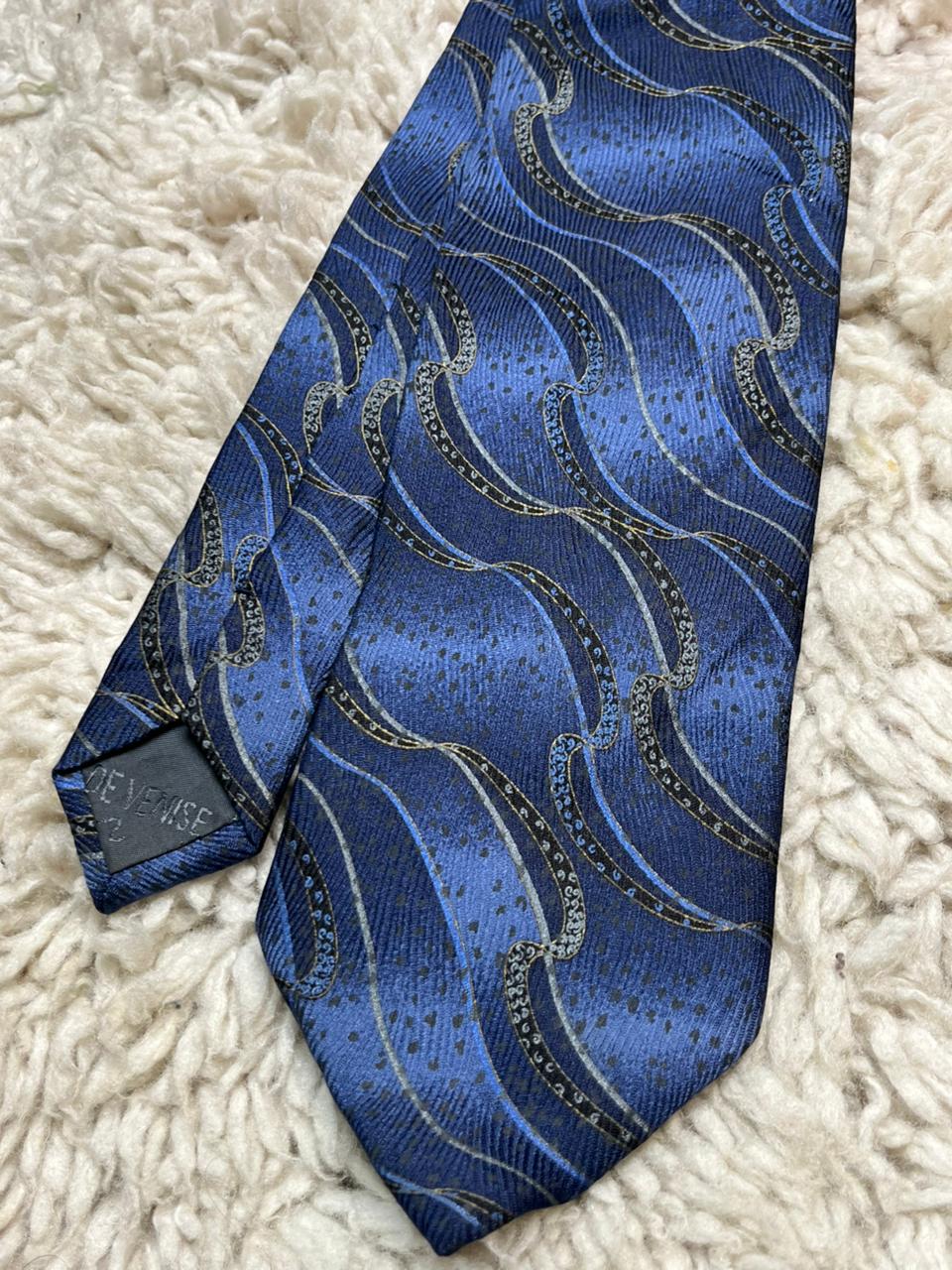 Carnaval De Venise Men's 100% Silk Tie Blue Gold Swirl Abstract Pattern Italy