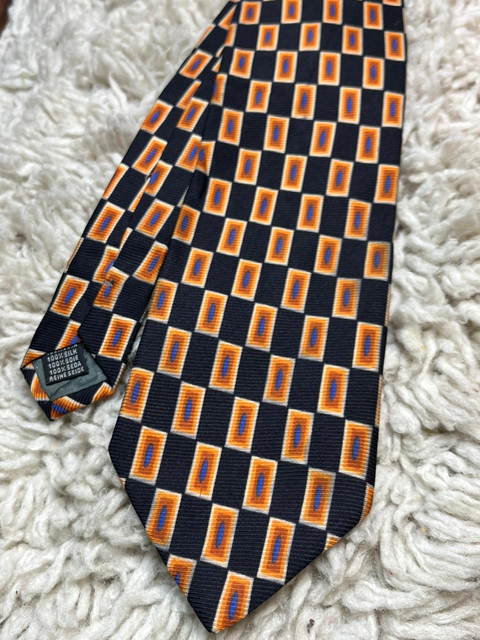 Giorgio Passigatti Italy 100% Silk Tie Black Orange Abstract Rectangle Geometric