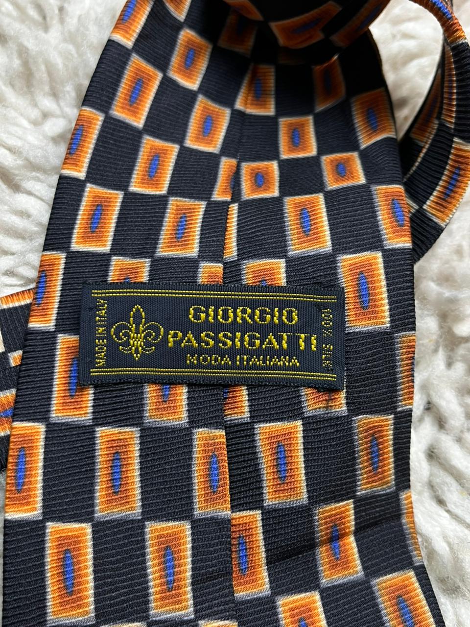 Giorgio Passigatti Italy 100% Silk Tie Black Orange Abstract Rectangle Geometric