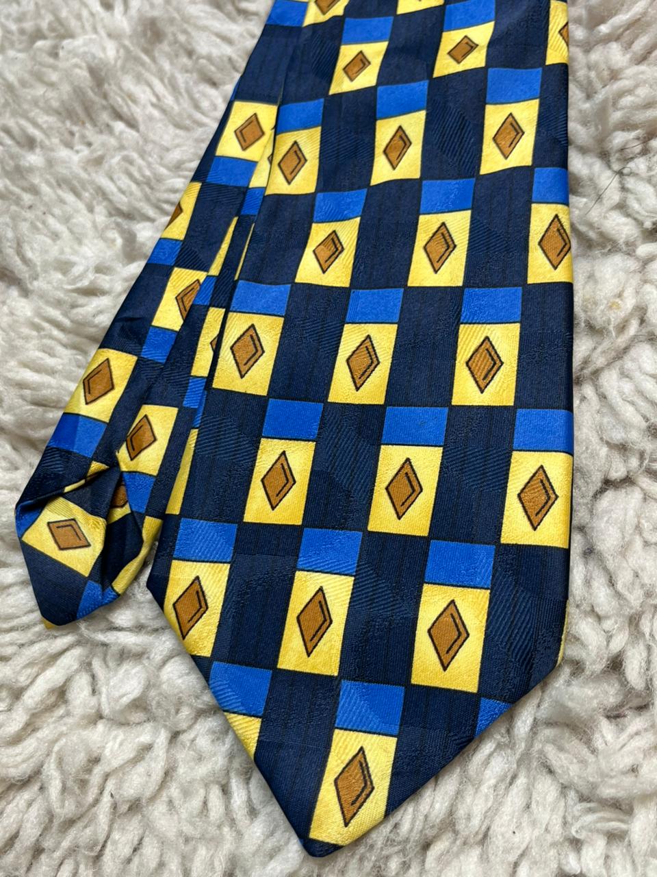 Rael Brook Men's Tie Navy Blue Yellow Geometric Diamond Checkered